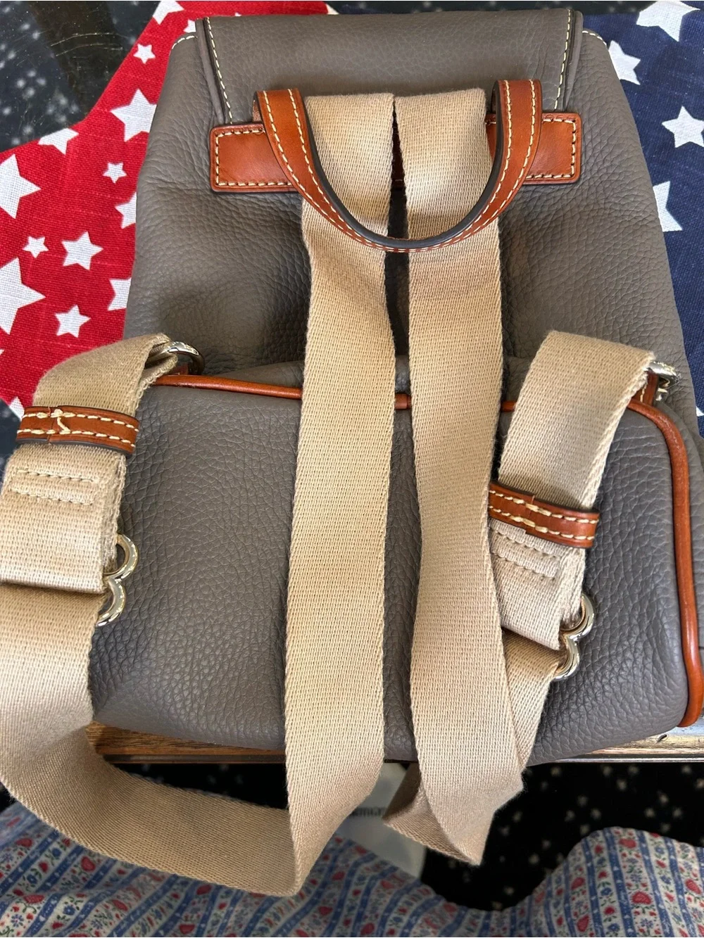 Women’s Taupe Leather Dooney & Bourke Small Backpack with Brown Tassel Accents
